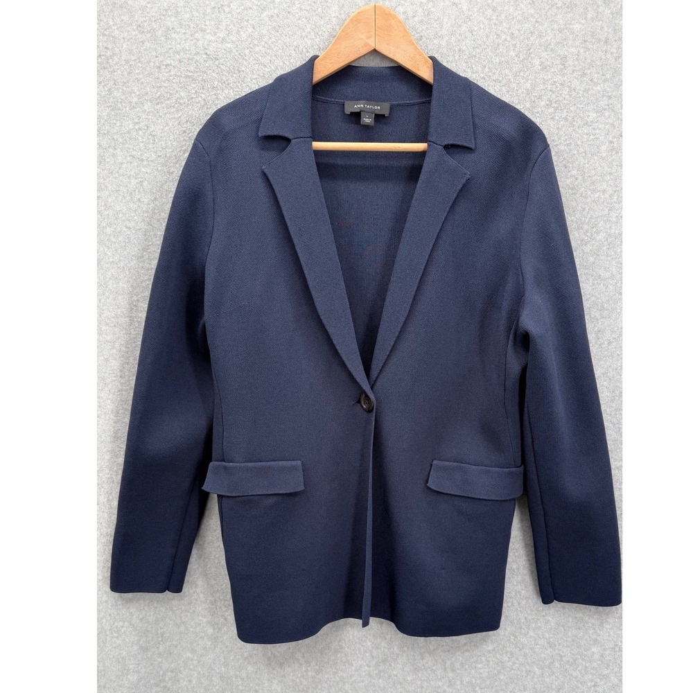 Ann Taylor Blazer Womens Large Navy Blue Knit Single Button Notch Lapel 3491